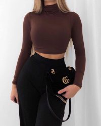 Cozy Brown Turtle Neck Crop Top